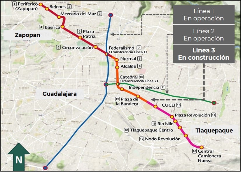 Plan du métro de Guadalajara, Mexique